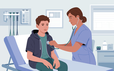 Obraz premium A nurse administers a vaccination to a young boy in a hospital room.