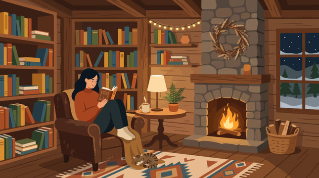 Woman reading by fireplace in cozy cabin library at night