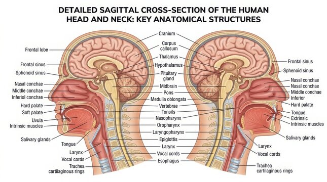 Detailed sagittal cross section of human head and neck anatomy illustration