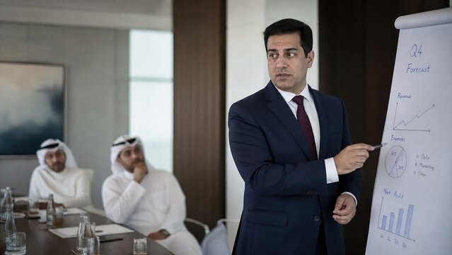 Generative AI, Middle Eastern executive presenting Q4 financial forecast to Arab business audience