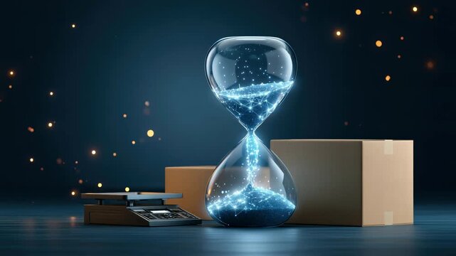 Digital hourglass e commerce time countdown glowing network parcel awaiting shipment moody delivery