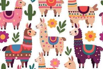 Naklejka premium Seamless pattern design featuring cute llamas decorated with colorful saddles and blankets amidst desert cacti and bright flowers.