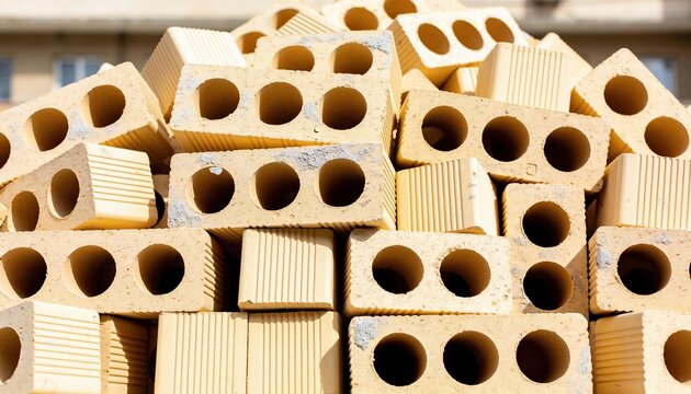 A stack of yellow bricks with holes, arranged in a construction site. The bricks are made of concrete and are ready for building projects.