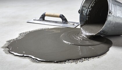 Fototapeta premium A spilled bucket of gray concrete on a smooth surface. The bucket is metallic with a wooden handle. The concrete is wet and glossy, creating a puddle.