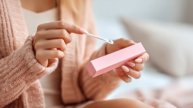 Woman preparing medical saliva test kit for home diagnostic. Hormone and thyroid health analysis. Patient examining equipment for self checking wellness and endocrine function monitoring.