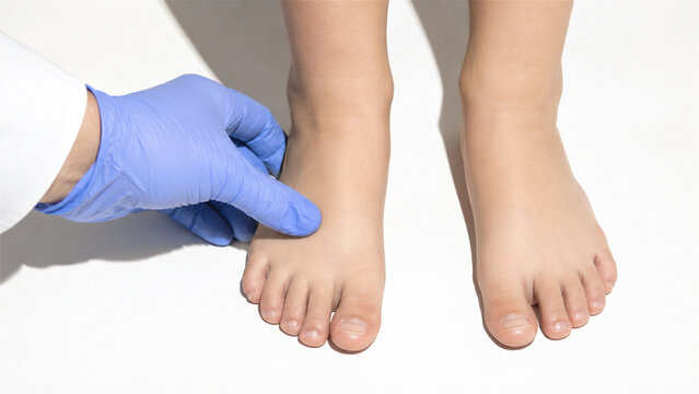 pediatrician examining child foot with glove. Doctor checking baby skin or growth development. Orthopedic diagnosis, medical consultation, healthcare clinic checkup for toddler patient