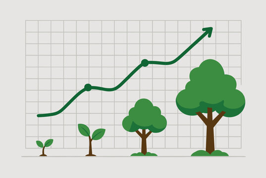 Line graph showing positive growth over a grid background with trees of increasing sizes representing sustainability.