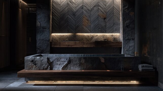 Luxurious bathing area features a large stone tub nestled against textured dark wood and stone walls