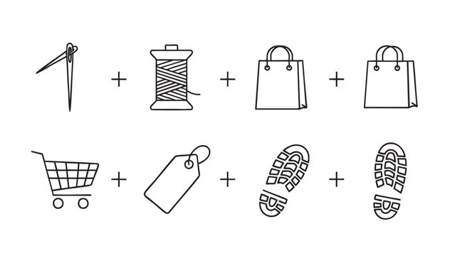 shopping icons with scissors, thread, bag, cart, tag, and fo