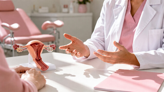 woman gynecologist consulting patient while showing female reproductive system anatomy model. Medical healthcare appointment in clinic. Professional consultation about woman health and fertility