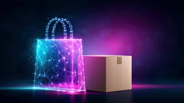 Neon e commerce shopping bag and shipping box glowing digital mesh network packaging futuristic