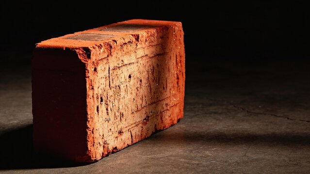 A single red brick rests on a dark surface. The brick has a rough texture and shows signs of wear. The lighting highlights its edges and surface details.