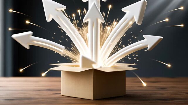Cardboard box e commerce unboxing surprise arrows bursting upward creative expansion