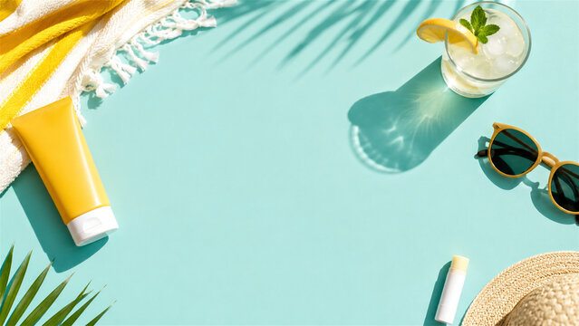 summer beach accessories with sunscreen on blue background. Top view of sunglasses, beach towel, straw hat, and cold drink. Travel, leisure, and vacation planning concept at seaside