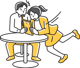 Fototapeta premium 男性の見ているパッドを覗き見る女性