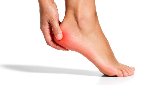 woman touching her heel showing pain. Inflammation of foot and ankle. Medical problem and injury concept. Health care and physical trauma. Body pain and discomfort for podiatry treatment