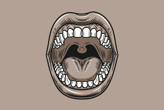 Detailed vintage style illustration of an open human mouth showing upper and lower teeth tongue and sharp fangs.