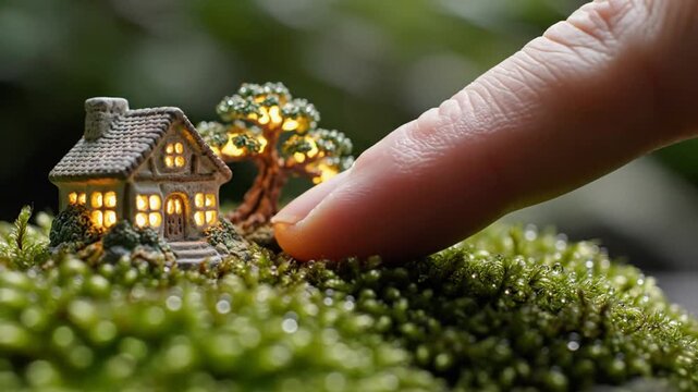 Human finger touching moss next to a tiny glowing miniature house and tree in a lush forest setting