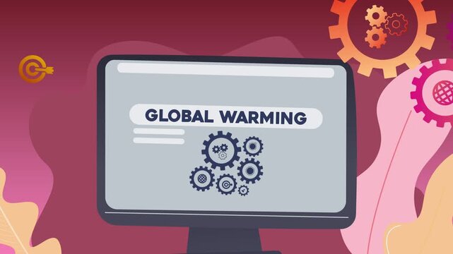 A computer screen displaying the text &ldquo;Global Warming&rdquo; and illustrations of gears