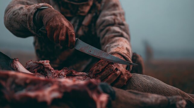 Deer hunter holding knife preparing game processing in field after successful hunt, dressing harvested deer for meat, wildlife management, outdoor hunting tradition