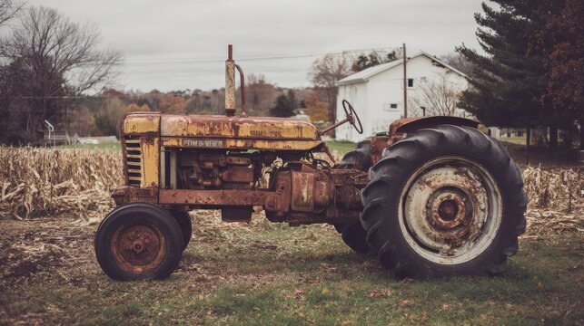 Old rusty farm tractor in corn field with vintage rural machinery, agriculture, farming, harvest, countryside landscape and weathered equipment showing age, history and traditional field work