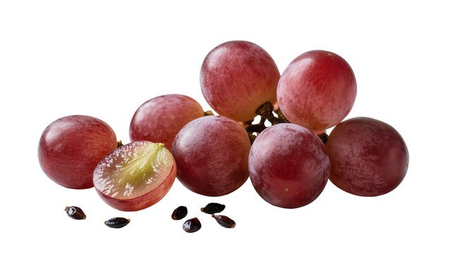 Isolated red grape cluster with one sliced fruit revealing seeds, fresh ripe healthy snack