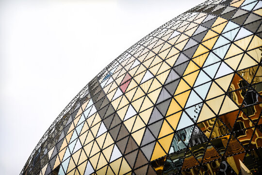 MACAU, CHINA, APRIL 1, 2026 Close up abstract view of the futuristic golden dome facade of the Grand Lisboa casino and hotel building at day