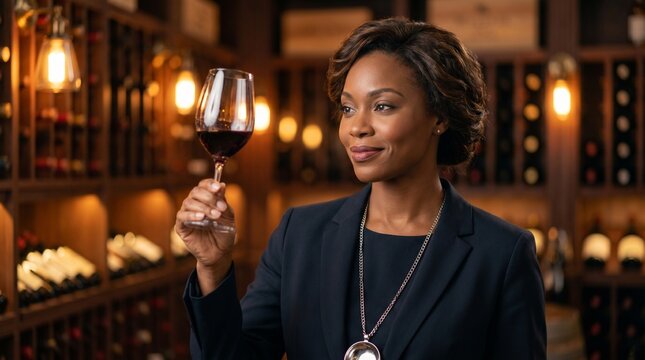  Elegant African American female sommelier in a suit holding a glass of red wine in a luxury wine cellar. Generative AI.