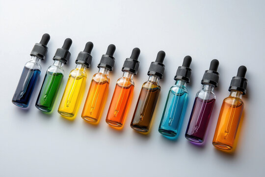 Dropper bottle glass bottle colored liquid ink bottle laboratory bottle bottle set glass container pigment liquid colorful bottle studio background acrylic ink multicolor transparent glass dropper