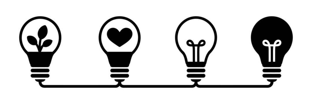 Eco-friendly light bulb ideas evolution with plant and energy icons in minimalist line art style