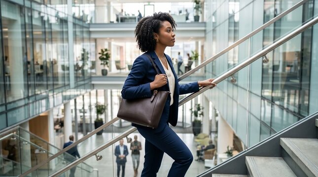 Determined African American business woman walking up corporate stairs with brown leather bag. Ambitious black female executive moving forward in career inside modern glass office workspace.