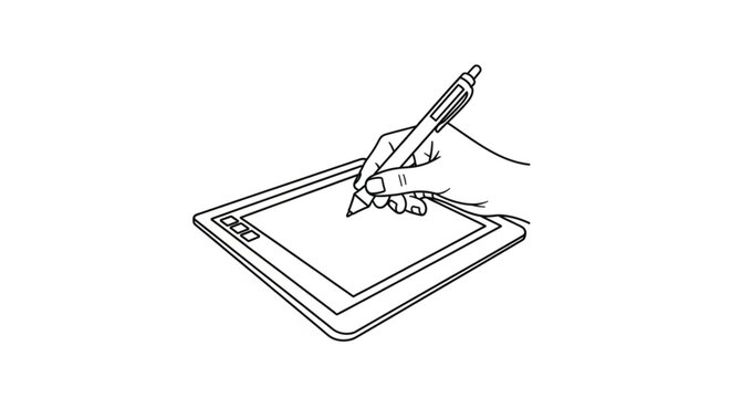 Hand holding stylus on tablet screen.