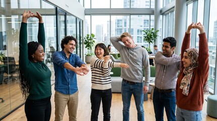 Obraz premium Diverse happy office workers doing physical stretching exercise breaks together for corporate wellness
