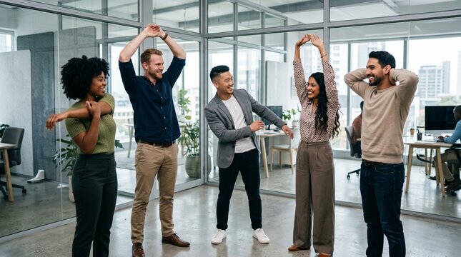 Diverse multiethnic office team doing stretching exercises during work break. Healthy happy multicultural colleagues practicing corporate wellness and active lifestyle in modern workspace.