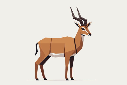 Low-poly geometric illustration of a graceful antelope with long spiral horns standing against a clean neutral background.