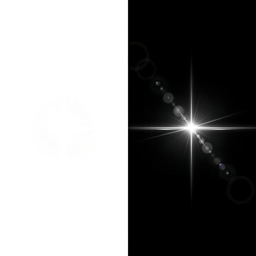 Bright Starburst Lens Flare Effect with Rings and Glare on Black Background Split with White Space