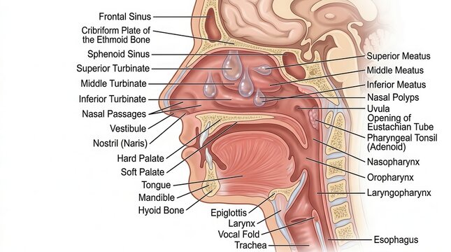 Anatomy diagram of human nose and throat side view illustration