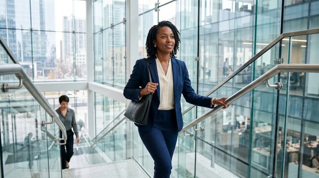 Confident African American business woman walking up office stairs. Successful female corporate leader, professional manager in modern glass building, career concept