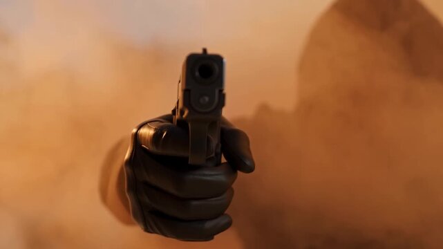 Tracking shot of masked figure aiming handgun directly at camera through orange smoke in studio close up dolly zoom revealing gloved hand and silhouette