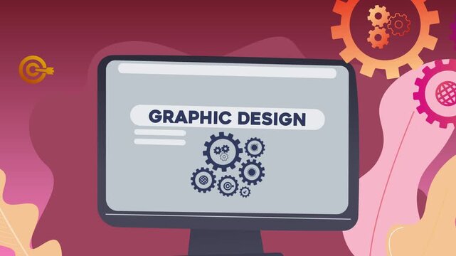 A computer screen displaying the text &ldquo;Graphic Design&rdquo; and illustrations of gears