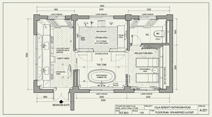 Detailed architectural floor plan for a highend residential bathroom and spa area with vanity and relaxation zones © S.Siam