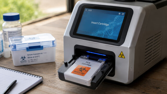 Ebola virus. A compact portable molecular diagnostic cartridge being inserted into a point-of-care PCR device on a simple field laboratory table