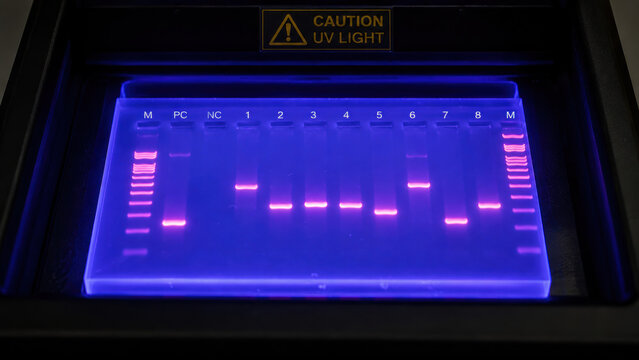 UV transilluminator box showing agarose gel electrophoresis result, bright fluorescent bands glowing in gel lanes of different intensities corresponding to viral RNA detection.