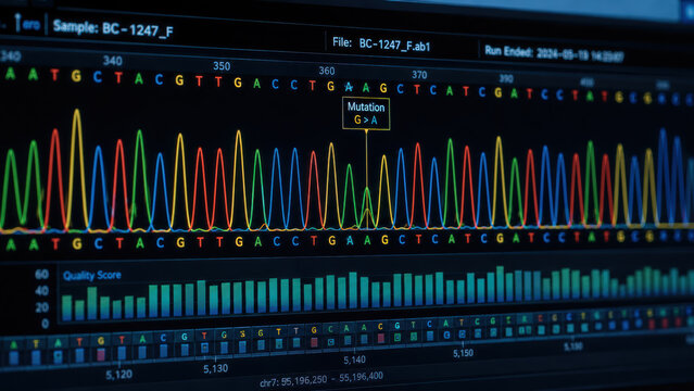 Ebola virus. Close-up of a computer screen showing a genetic sequencing chromatogram with colorful overlapping base peaks, one region highlighted with a mutation marker
