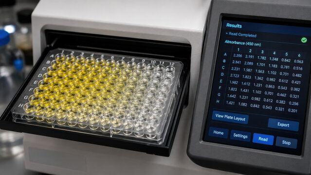 Ebola virus. Close-up of a ELISA microplate on a lab reader device, wells showing gradient yellow color intensity indicating varying antibody concentrations