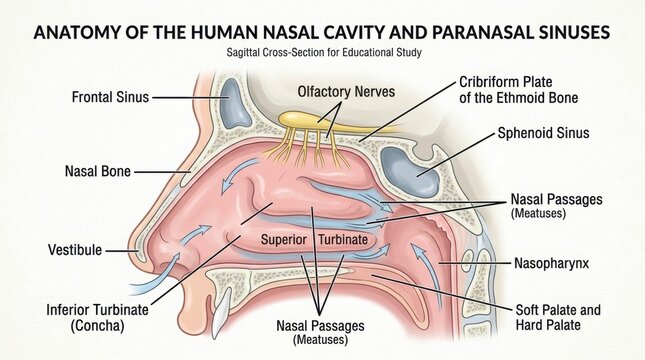 Anatomy of human nasal cavity and paranasal sinuses diagram illustration