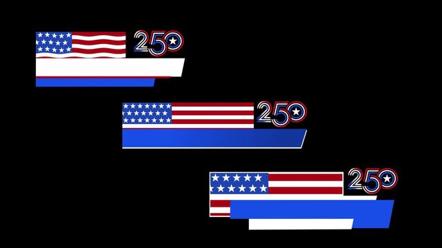 Animated lower thirds 250 anniversary, American flag elements and editable text panels, designed for interviews, news broadcasts, patriotic productions, with chroma key support