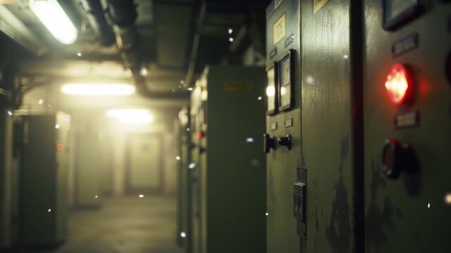 Industrial electrical control panels in a dimly lit basement corridor with cinematic lighting and floating dust particles