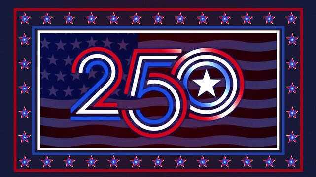 Animated America 250 anniversary emblem featuring a waving American flag background, patriotic star border, and bold commemorative design. Ideal for Independence Day celebrations, national events