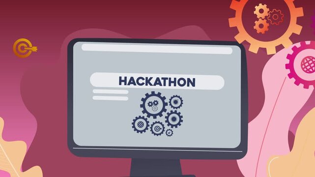 A computer screen displaying the text &ldquo;Hackathon&rdquo; and illustrations of gears